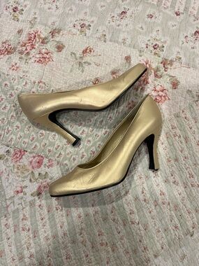 Charles Jourdan Metallic Gold Leather High Heel Pumps